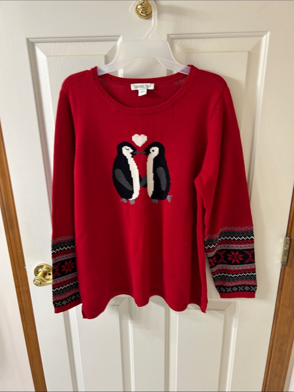 Coldwater Creek Red Penguin Intarsia Crewneck Sweater